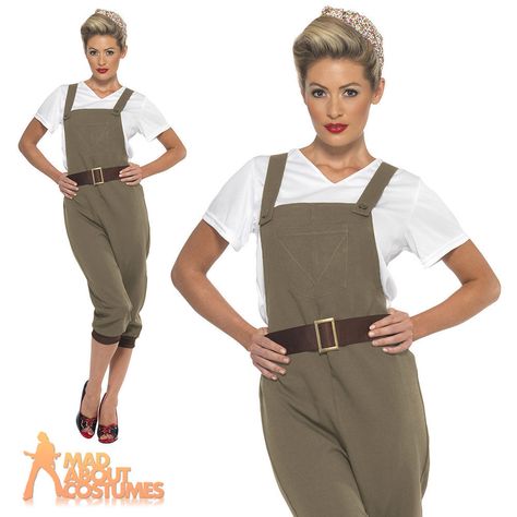 1940 s Land Girl Costume Ladies WW2 Munitions Fancy Dress Army Outfit UK 8-18 1940s Fancy Dress, Army Outfit, Fancy Dress Wigs, 40s Style Dresses, Childrens Fancy Dress, Fancy Dress Ball, Ladies Fancy Dress, Army Clothes, Christmas Fancy Dress