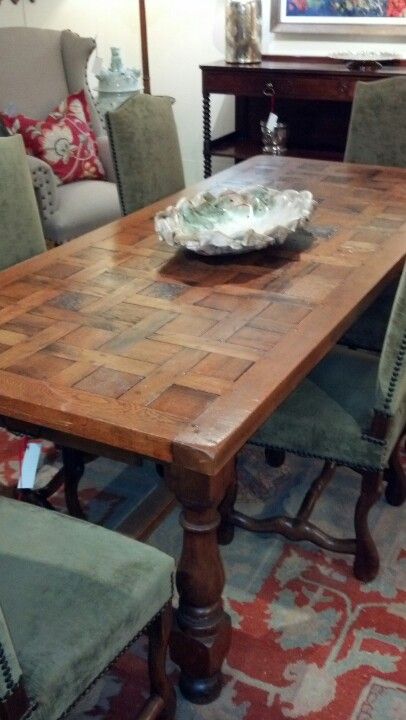 Parquet table at Market Central Parquet Table, Farm Projects, Parquetry, Furniture Refinishing, Dining Table Top, Project Inspiration, Farmhouse Table, Table Tops, Refinishing Furniture