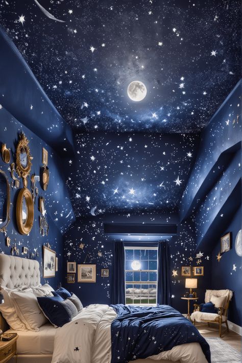 Galaxy Ceiling Bedrooms, Celestial Room Aesthetic Bedroom, Night Sky Ceiling Mural, Space Ceiling Bedroom, Starry Ceiling Bedroom, Star Themed Bedroom, Night Sky Room, Dark Blue Ceiling, Roman Bedroom