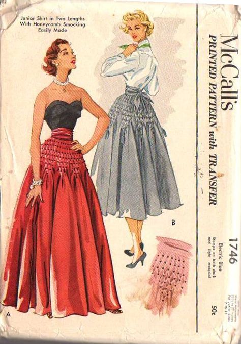 McCall's 1746; ©1952; Junior skirt in two lengths with honeycomb smocking. Featured in McCall's Style News, November 1952 Honeycomb Smocking, Mccalls Patterns Vintage, Patron Vintage, Retro Sewing Patterns, Vintage Dress Patterns, Chic Pattern, Mccalls Sewing Patterns, Old Fashion, Fashion Sewing Pattern