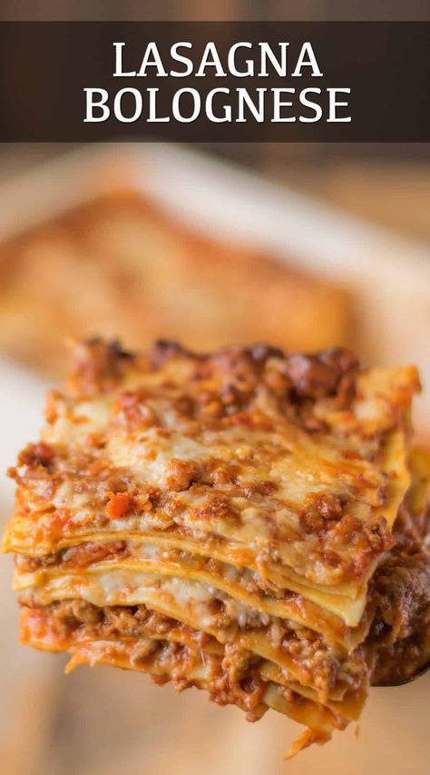 Lasagna (lasagne) Bolognese is a hearty Italian classic recipe with layers of fresh pasta, Bolognese sauce, béchamel sauce and Parmesan cheese. #lasagna #lasagnabolognese #italianlasagna #lasagne Bechamel Lasagna Recipe, Bechamel Sauce Recipe Lasagne, Beshemell Sauce Recipe, Sicilian Lasagna, Lasagna Bolognese Recipe, Lasagna With Bechamel Sauce, Bolognese Sauce Authentic, Bechamel Sauce Recipe, Homemade Bolognese