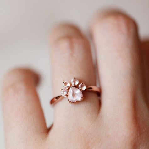 Simple Elegant Engagement Rings, Geek Engagement Rings, Tiny Engagement Rings, Superhero Rings, Ring Cat, Paw Jewelry, Paw Print Ring, Paw Ring, Rose Quartz Color