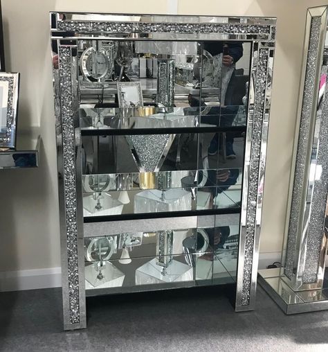 Mirrored Furniture Decor, Glitter Furniture, Mirrored Sideboard, Crushed Diamonds, Antique Dining Tables, Fire Surround, Frameless Mirror, Shelf Display, Decorative Mirror