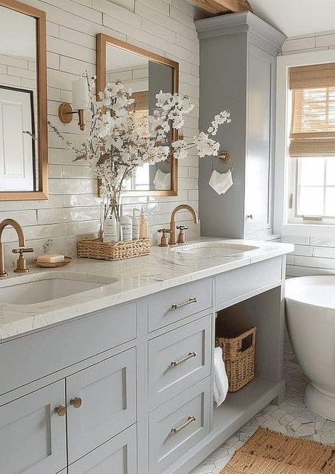 Double Vanity Mirror Ideas, Grey And White Bathroom, Full Bathroom Remodel, Timeless Bathroom, Olive Branches, Bathroom Farmhouse Style, Coastal Bathrooms, Double Vanity Bathroom, Bathroom Inspiration Decor