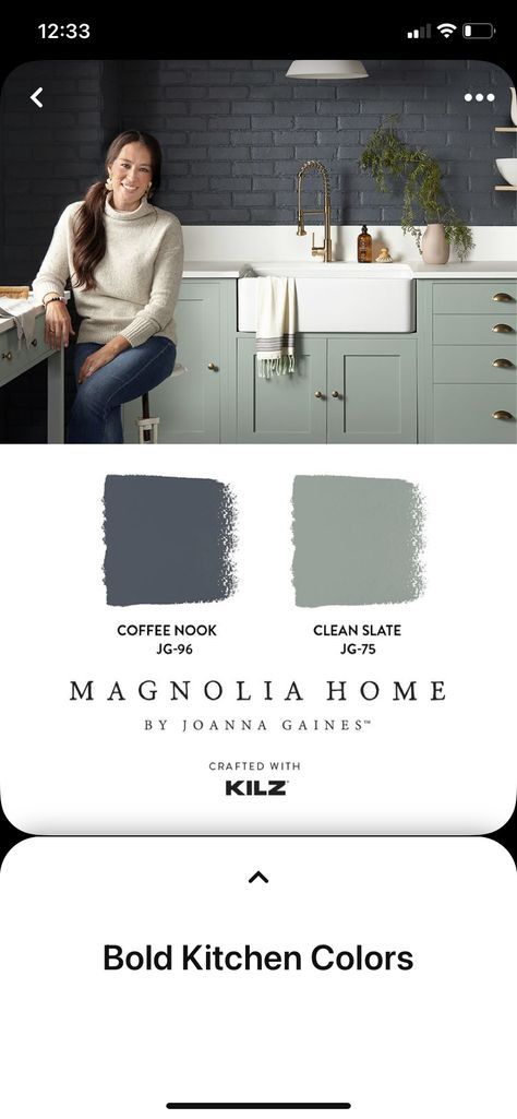 Magnolia Paint Colors, Magnolia Homes Paint, Magnolia Paint, Bold Kitchen, Coffee Nook, Favorite Paint Colors, Minimalist House Design, Magnolia Homes, Kitchen Colors