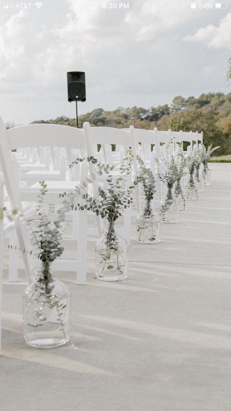 Chapel Aisle Decorations, Isle Pieces For Wedding, End Of The Aisle Decor, Eucalyptus Isle Wedding, Ceremony Aisle Decor Outdoor Benches, Alter Wedding Decorations Outdoor, Eucalyptus Aisle Runner, Glass Jug Aisle Decor, Minimal Decoration Wedding