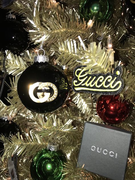 Gucci Christmas tree. Designer luxury Christmas I created for a friend. Designer Christmas ornaments Gucci Christmas Tree, Gucci Christmas, Designer Christmas, Gift Drawing, Luxury Christmas, Gucci Logo, Christmas Tree With Gifts, Ugly Sweater, Christmas Bulbs