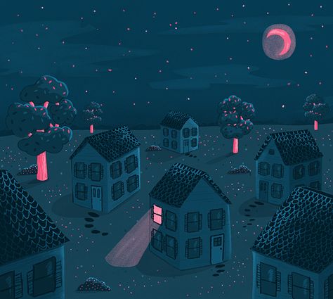 Nostalgia at Night on Behance Spanish Greetings, Night Illustration, Lovely Pictures, Childhood Home, Night Scene, Arte Popular, Naive Art, My Childhood, Childrens Illustrations