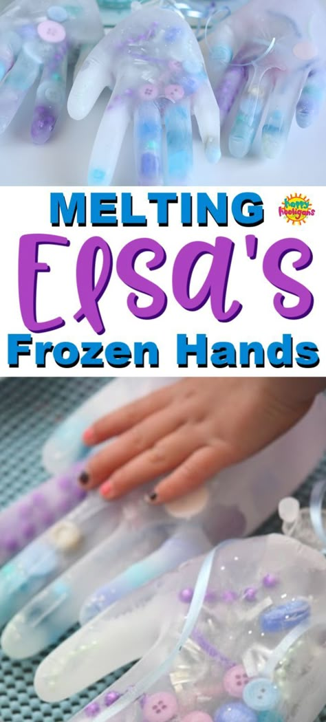 This is a terrific science Activity for preschoolers. Especially for those who love Disney's Frozen! Kids learn how to melt ice with salt and water in order to free the treasures trapped in Elsa's frozen hands! #HappyHooligans #WaterPlay #IcePlay #Activity #Preschool #Toddler #Science #Experiment #Daycare #Preschoolers #Easy #Fun #EarlyChildhood #PlayBased #Learning Science Activity For Preschoolers, Frozen Hands, Toddler Science, Frozen Activities, Disney Lessons, Chemistry Cat, Disney Activities, Science For Toddlers, Activity Preschool