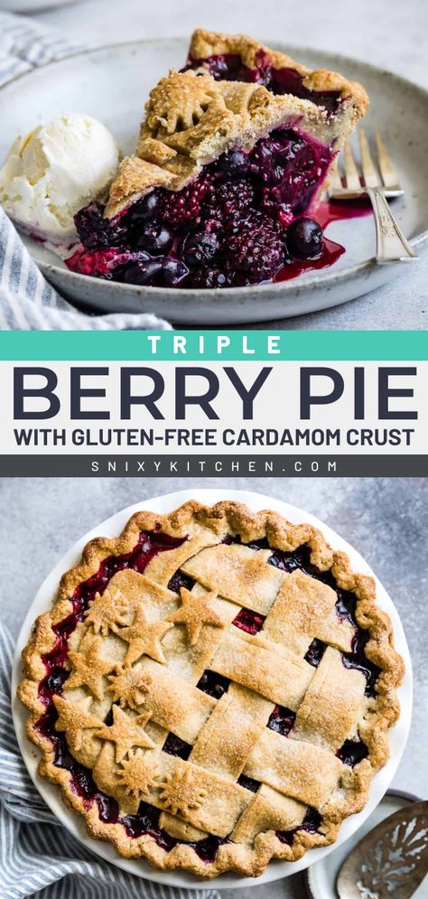 Get ready for this summer berry pie! It's all wrapped up in a gluten-free cardamom crust. Served with vanilla ice cream, this triple berry pie is the perfect 4th of July treat! Save this summer dessert idea! Gluten Free Berry Pie, Gluten Free Tart Recipe, Mixed Berry Pie Recipe, Berry Pie Filling, Berry Pie Recipe, Triple Berry Pie, Mixed Berry Pie, Baking Treats, Millet Flour