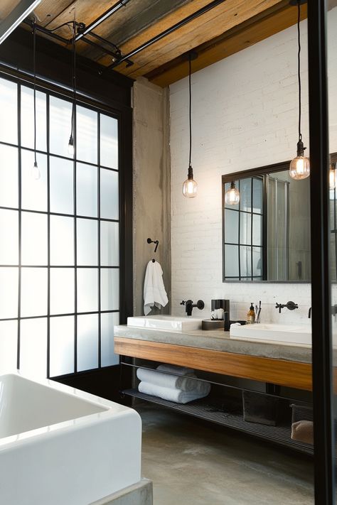 Discover modern bathroom ideas with this industrial-inspired design. Clean lines and elegant fixtures create a sophisticated look. Perfect for those who appreciate a blend of rustic and modern aesthetics. Ideal for a contemporary home! 🛁🖤 #ModernBathroomIdeas #IndustrialDesign #BathroomInspo Modern Industrial Interior Design Bathroom, Industrial Minimalist Bathroom, Industrial Modern Bathroom, Modern Industrial Bathroom, Bathroom Industrial Chic, Bathroom Industrial, Industrial Bathroom Design, Modern Industrial Interior, Master Bath Renovation