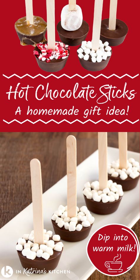 Try this easy Hot Chocolate Sticks recipe to make holiday gifts or an easy and delicious hot chocolate bar. Just dunk into warm milk and stir! Get the EASY recipe with 4 more variations and pro tips. Print and Pin at In Katrina's Kitchen. Diy Hot Chocolate On A Stick Recipe, Cute Hot Chocolate Gifts Diy Christmas, Diy Chocolate Spoons For Hot Chocolate, Hot Chocolate Spoons Recipe, Hot Chocolate On A Stick Diy, Coco Gift Ideas, Hot Chocolate Spoons How To Make, Hot Chocolate Sticks Diy, Hot Cocoa On A Stick Recipe