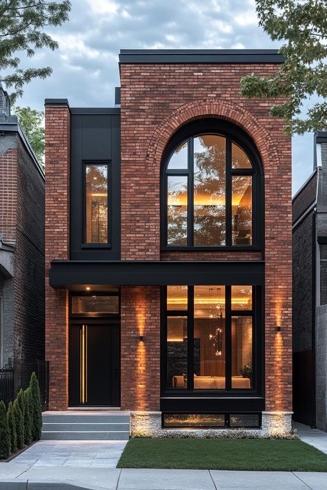 Modern brick house with large arched window. Brick facade houses stand out like a flashy bow tie at a black-tie event. See why they might just be the charming exteriors you didn’t know you needed. Modern Brick House, Townhouse Exterior, Home Designs Exterior, Brick Exterior House, Brick Architecture, Brick Exterior, Casa Vintage, Brick Facade, Arched Windows