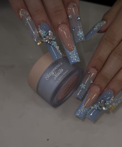 Sparkly Acrylic Nails, Quinceanera Nails, Blue Acrylic Nails, Colored Acrylic Nails, Nails Design With Rhinestones, Cute Acrylic Nail Designs, Long Acrylic Nails Coffin, Acrylic Nails Coffin Pink, Long Square Acrylic Nails