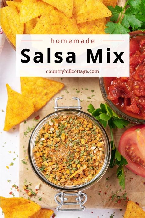 Learn how to make homemade salsa seasoning mix yourself! It adds loads of flavor and mild heat to everything from salsa to Pico de Gallo, tacos, chicken, veggies, and dressings! This easy dry salsa mix recipe takes 5 minutes, using just 7 pantry staple ingredients. Salsa dry mix is a quick solution to make salsa fast. Mix it with chopped tomatoes or canned diced tomatoes and, voila, instant salsa. Also makes a homemade food gift for your friends and family. | CountryHillCottage.com Mexican Seasoning Recipe For Chicken, Salsa Mix Dry, Salsa Seasoning Mix Recipes, Salsa Seasoning Recipe, Dehydrated Salsa, Dry Salsa Mix Recipe, Dip Mix Recipes Dry For Gifts, Dry Dip Mixes, Salsa Seasoning