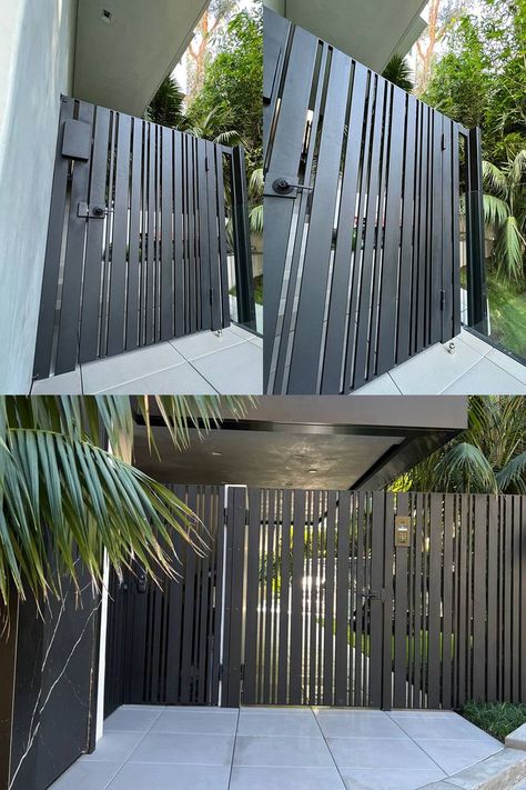 Steel fence custom design Aluminum Fence Gate, Aluminum Gates, Gates And Fences, Compound Wall Design, Gate Designs Modern, Grill Gate Design, Gates And Railings, Modern Gate, House Main Gates Design