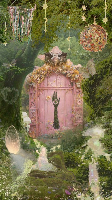 Spring Apps, Earth Fairy, Tree Mushrooms, Fairy Wallpaper, Green Moon, Fairycore Aesthetic, Pink Door, Fairy Aesthetic, Spring Equinox