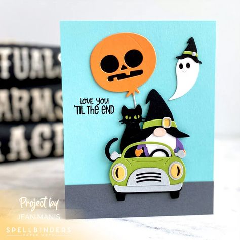 Gnome in the Haunted Fast Lane - Project Idea - Scrapbook.com Lawn Fawn Halloween Cards, Gnome Halloween Cards, Lawn Fawn Build A House Halloween, Halloween Invitaciones, Lawn Fawn Happy Howloween, Halloween Treat Tags, Halloween Cards Handmade, Whimsical Halloween, Ctmh Fa-boo-lous Halloween