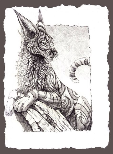 "Fantasy Feline" by hibbary via DeviantArt Fantasy Feline, Fantasy Drawings, Creature Drawings, Mythical Creatures Art, Animal Sketches, Creature Design, A Drawing, Creature Art, Art Drawings Sketches