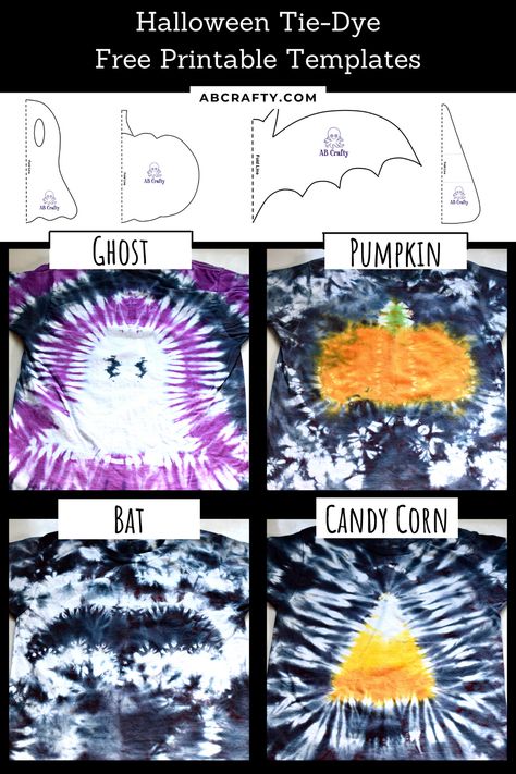 images tie dye shirts with a ghost, pumpkin, bat, and candy corn and images of the templates to make the tie dye designs with the title "halloween tie dye free printable templates"