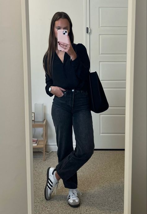 sambas - black jeans - button up black top Black Relaxed Jeans Outfit, Faded Black Denim Jeans Outfit, Black Jean Business Casual Outfit, Black Dress Shirt Outfit Woman, Black Faded Jeans Outfit, Business Casual Black Jeans, Straight Black Jeans Outfit, Black Skinning Jeans Outfit, Black Jeans Business Casual