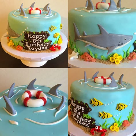 "Sharks" birthday cake Shark Birthday Cake, Shark Birthday Cakes, Ocean Birthday Party, Shark Themed Birthday Party, Shark Cake, Sea Cakes, Ocean Birthday, Shark Birthday Party, Cake Decorating Kits