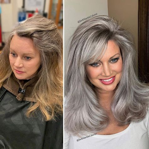 Gray Hair Transformation By Jack Martin Grey Hair Transformation, Silver Blonde Hair, Grey Hair Inspiration, Beautiful Gray Hair, Silver Hair Color, Silver Blonde, Transition To Gray Hair, Blending Gray Hair, Gray Hair Highlights