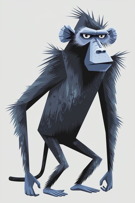 A stylized baboon character with a triangular body and sharp angular design. The baboon has dark fur textured with expressive brushstrokes and a blueish-gray narrow face with wide, round eyes and a serious, curious expression. The baboon has small, round blue ears, a long, slender neck, elongated hands and feet, and a lanky appearance. The background is stark and plain. Triangular Character Design, Curious Expression, Narrow Face, Slender Neck, Angular Design, Fur Texture, Round Eyes, Baboon, Brush Strokes