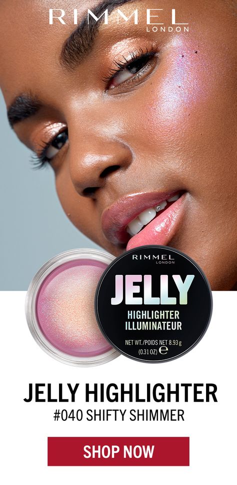 A bubblegum pink base with blue iridescent glitter. Nothing shines like our Jelly Highlighter in Shifty Shimmer✨ Order it now on @Walmart! Highlighter Tutorial, Jelly Highlighter, Highlight Tutorial, Shimmer Highlighter, Rimmel London, Rimmel, Beauty Items, Bubblegum Pink, Bridal Outfits