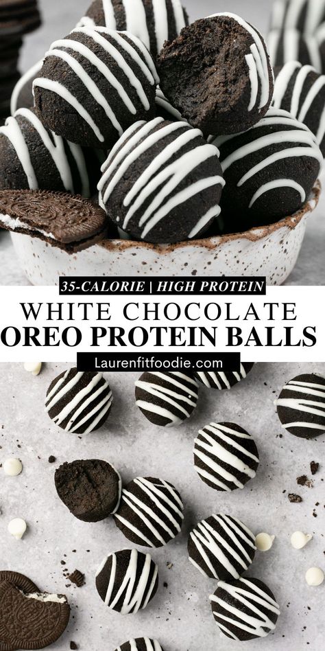 The party just got a whole lot tastier with these White Chocolate Oreo Balls! Truly indulgent and a great way to sneak some protein in, these no-bake Oreo balls are incredibly RICH in Oreo and white chocolate flavor! And just 35 calories each! Oreo Protein Balls, Chocolate Oreo Balls, Macro Foods, Protein Truffles, White Chocolate Oreos, Oreo Flavors, Oreo Balls, Chocolate Oreo, Bake Recipes