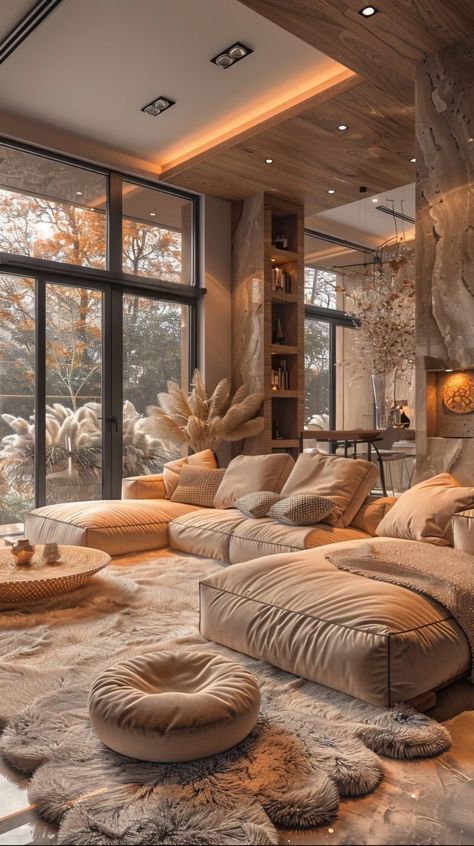 Amazing Living Rooms, Warm Tone Interior Design, Modern House Design Interior 2024, Cozy House Inspiration, Dream Living Room Luxury, Apartment Astethic, Luxury Great Room, Interior Decoration Living Room, Zen Living Room