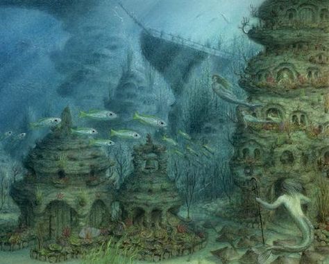 Part of the mer village from Ari Berk's The Secret History of Mermaids Mermaid History, Water Spirits, Sea Life Art, Water Spirit, Water Dragon, The Secret History, Mermaid Art, Sea Life, The Little Mermaid