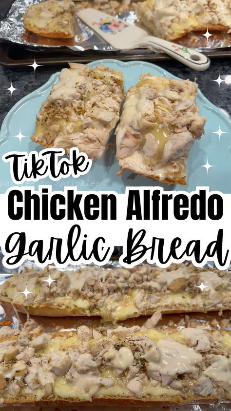 This semi-homemade TikTok Chicken Alfredo Garlic Bread is perfect for a busy weeknight dinner without all the from-scratch steps! Combining the irresistible flavors of garlic bread and creamy alfredo chicken, this recipe is perfect for a weeknight meal or a casual gathering with friends. Chicken Alfredo Cheese Bread, Chicken Alfredo Bread Boat, Chicken Alfredo French Bread, Chicken Alfredo Garlic Bread Recipe, Chicken Alfredo Garlic Bread, Chicken Alfredo Bread, Chicken Alredo, Chicken Alfrado, Alfredo Garlic Bread