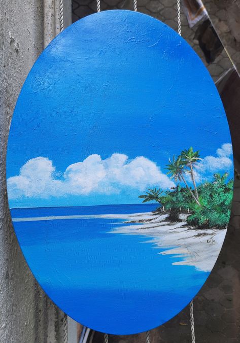 Turquoise blue waters with clear skies and some scattered clouds Seashore Drawing, Oval Canvas Painting Ideas, Romantic Sunset Couple, Oval Canvas, Beach Themed Art, Beach Art Painting, Nature Art Drawings, Couple Painting, Wood Painting Art