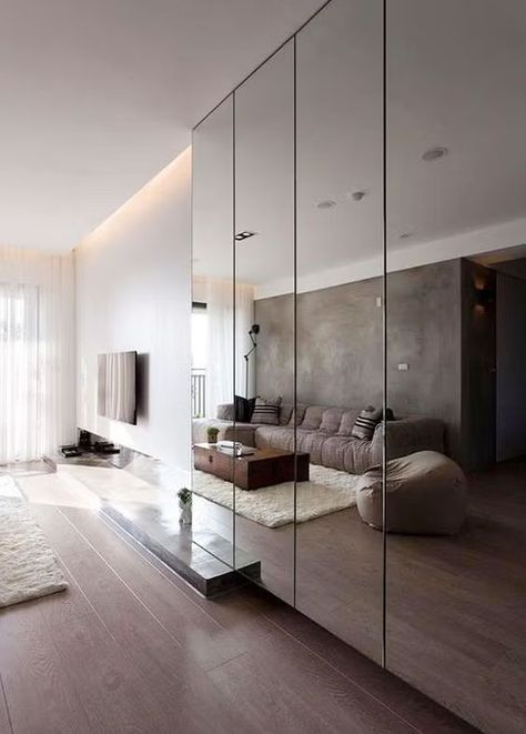 Mirror Feature Wall Living Room, Mirrored Walls, Wall Mirror Decor Living Room, Mirror Decor Living Room, Room Mirror, Glass Mirrors, Wardrobe Design Bedroom, Mirrored Wardrobe, Spare Bedroom