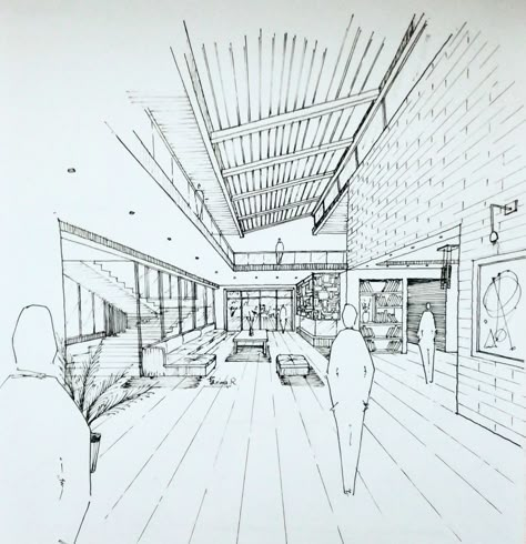 Foyer Drawing Entryway, 1 Point Perspective Interior Design, Internal Perspective Architecture, 1 Point Perspective Architecture, Architecture One Point Perspective, One Point Perspective Drawing Architecture, Museum Perspective Drawing, One Point Perspective Architecture, 2 Point Interior Perspective