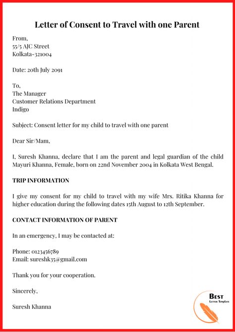 Consent Letter, Parental Consent, Travel Writing, School Organization, Travel Alone, Word Template, Free Sample, Higher Education, Writing Tips