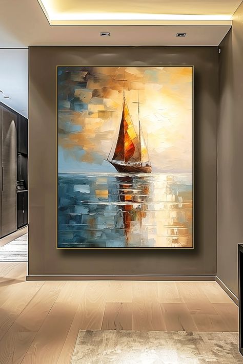 Original handmade oil painting of sailboat at sunset with abstract background, vibrant colors reflect on calm water Abstract Sailboat Painting, Sailboat Art, Sailboat Painting, Boat Painting, Art Drawings Sketches Creative, Handmade Artwork, Handmade Oil, Art Drawings Sketches, Painting Oil