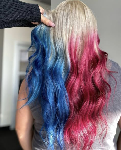 Hair by cris_xox88 “Crystal Aguilar”
Inspired by Harley Quinn Blue And Red Split Dye, Half Red Half Blue Hair, Harley Quinn Hair Ideas, Red And Blue Hair Split, Red And Blue Hair Ombre, Red And Blue Hair Ideas, Harley Quinn Hairstyles, Red And Silver Hair, Harley Quinn Hair