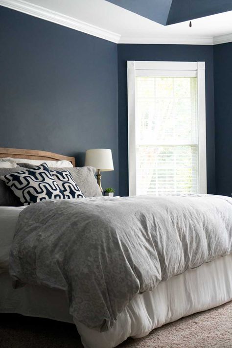 Bedroom painted in Sherwin Williams naval, one of the top paint colors of 2020 Blue Bedroom Ideas For Couples, Dark Blue Bedroom Walls, Bedroom Designs For Couples, Bedroom Design Diy, Dark Blue Bedrooms, Blue Bedroom Walls, Home Bedroom Design, Navy Blue Bedrooms, Blue Bedroom Decor