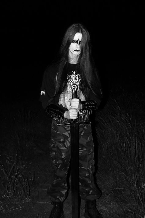 Black metal sword corpse paint outfit inspo graveland Metalhead Fashion Outfits, Black Metal Clothes, Metalhead Photoshoot, Corpse Paint Black Metal, Black Metal Outfit, Black Metal Corpse Paint, Metal Head Outfits, Paint Outfit, Metalhead Outfits