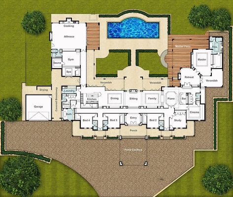 Split Level Floor Plans, Country Floor Plans, Landscaping Around House, Modern Courtyard, Unique House Plans, House Lake, House Country, House Plans Mansion, Mansion Floor Plan