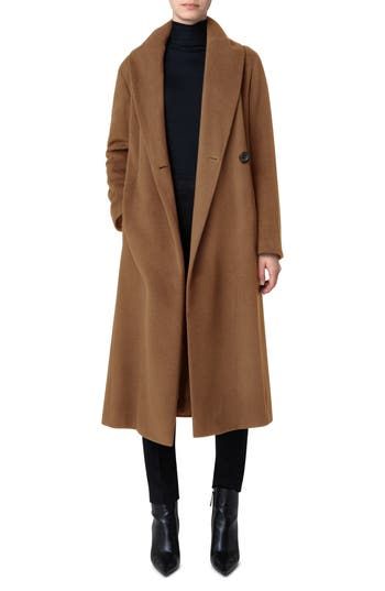 A substantial shawl collar enhances the sweeping silhouette of this wool-blend coat that comes with a coordinated waist tie. 47 1/2" length (size 6) Front button closure Shawl collar Side-seam pockets Removable waist tie 75% wool, 20% polyamide, 5% cashmere Dry clean Made in Romania Women's Designer Clothing Winter Wool Coat, Coats For Women Classy, Casual Denim Jacket Outfit, Mysterious Aesthetic, Camel Coat Outfit Classy, Tan Wool Coat, Dark Academia Outfits, Indigo Design, Hooded Wool Coat