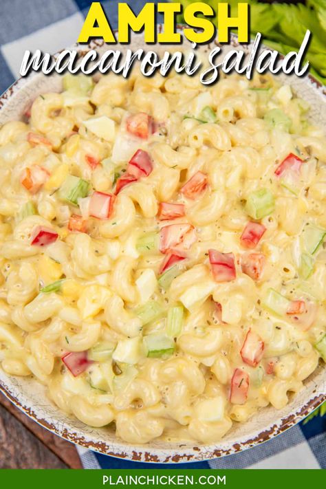 Amish Macaroni Salad Recipe - the perfect side dish for any occasion! This classic salad blends tender macaroni with a creamy, slightly sweet dressing, enhanced by celery, onions, red bell peppers, and sweet pickle relish for a delightful crunch and flavor burst. A must for picnics, potlucks, or a family barbecue. Amish Macaroni Salad Recipe, Amish Macaroni Salad, Hot Chicken Salads, Sweet Pickle Relish, Slow Cooker Casserole, Best Macaroni Salad, Creamy Salad Dressing, Classic Salad, Grilled Pork Tenderloin