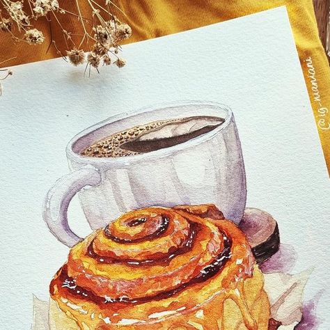 Nianiani on Instagram: "Cozy cinnamon roll with a cup of coffee ☕️ join me on my latest food illustration class on @skillshare 🙌 . . . . . #foodillustration #watercolorfood #cinnamonrolls #cinnabon #coffee #coffeelover #coffeeaddict #watercolorpainting #watercolorart #worldofartists #worldofart #worldwatercolorgroup #foodpainting #watercolor #watercolour #watercolours #foodartmonthly #foodart #watercolortutorial #skillshare" Watercolor Cinnamon Roll, Cinnamon Rolls Drawing, Cinnamon Roll Drawing, Food Doodles, Food Drawings, Watercolor Food, Art Help, Cute Food Drawings, Watercolour Inspiration