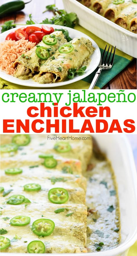 Creamy Jalapeño Chicken Enchiladas are cheesy, flavorful, and smothered in copycat Chuy’s Creamy Jalapeño Dip for a dinner that’s sure to become a family favorite! | FiveHeartHome.com #chickenenchiladas Food For Cold Weather, Creamy Jalapeño Dip, Jalapeño Dip, Creamy Jalapeno, White Chicken Enchiladas, Quiche Recipes Easy, Jalapeno Recipes, Jalapeno Chicken, Chicken Enchilada Recipe