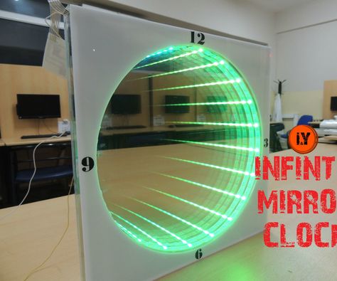 Infinity Mirror Diy, Infinite Mirror, Led Infinity Mirror, Infinity Table, Mirror Illusion, Mirror Clock, Unusual Clocks, Led Projects, 3d Mirror