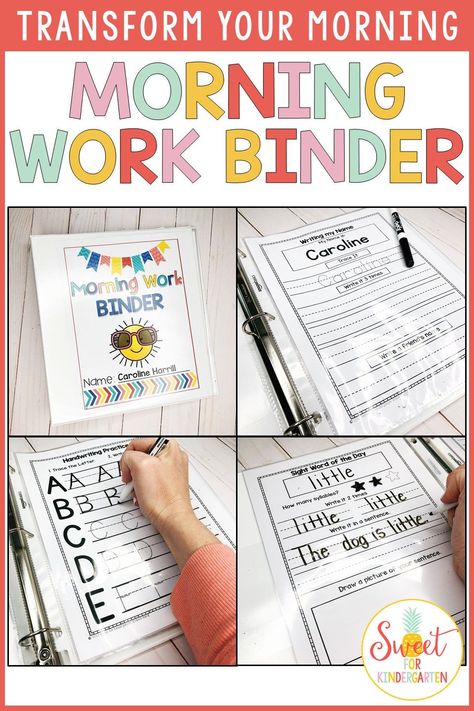 Looking for easy morning work ideas? Transform your morning routine with the Morning Work Binder! Students use dry erase markers and sheet protectors with reusable worksheet pages to write and erase their morning work daily. Practice Kindergarten skills such as name writing, sight words, handwriting, numbers, counting, shapes, calendar, and more! Read more on the blog here! #kindergarten #morningwork Independent Morning Work Kindergarten, Morning Busy Work Preschool, Kindergarten Weekly Homework Template, Learning Binder For Kindergarten, Kindergarten Morning Calendar, Prek Morning Routine, Daily Worksheets Morning Work, Things To Know For Kindergarten, Kindergarten Homeschool Routine