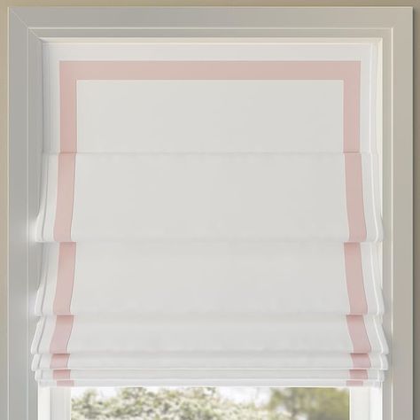 Amazon.com: Sun Zero Marline Pink Ribbon Border Stripe 100% Blackout Cordless Roman Shade, 33" x 64", Pink/White : Home & Kitchen Large Window Roman Shades, Roman Shades Bedroom, Modern Trellis Design, White Roman Shades, Blackout Roman Shades, Pink Blackout Curtains, Sew Curtains, Striped Nursery, Fabric Roman Shades