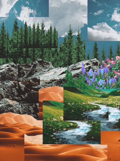 Landscape Collage Photography, Landscape Photo Collage, Environment Collage, Environmental Collage, Moodboard Landscape, Vintage Surrealism, Collage Nature, Intro To Art, Landscape Collage